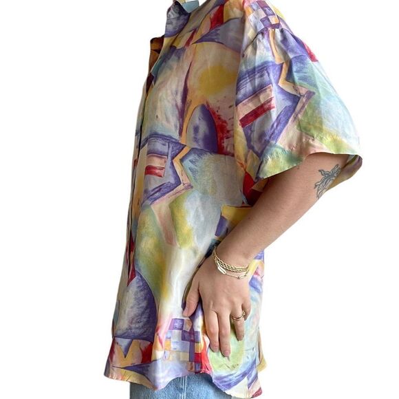 Vintage 80s Womens 100% Silk Sheer Sexy Floral Button Down Geometric Blouse Sz L - Picture 5 of 7